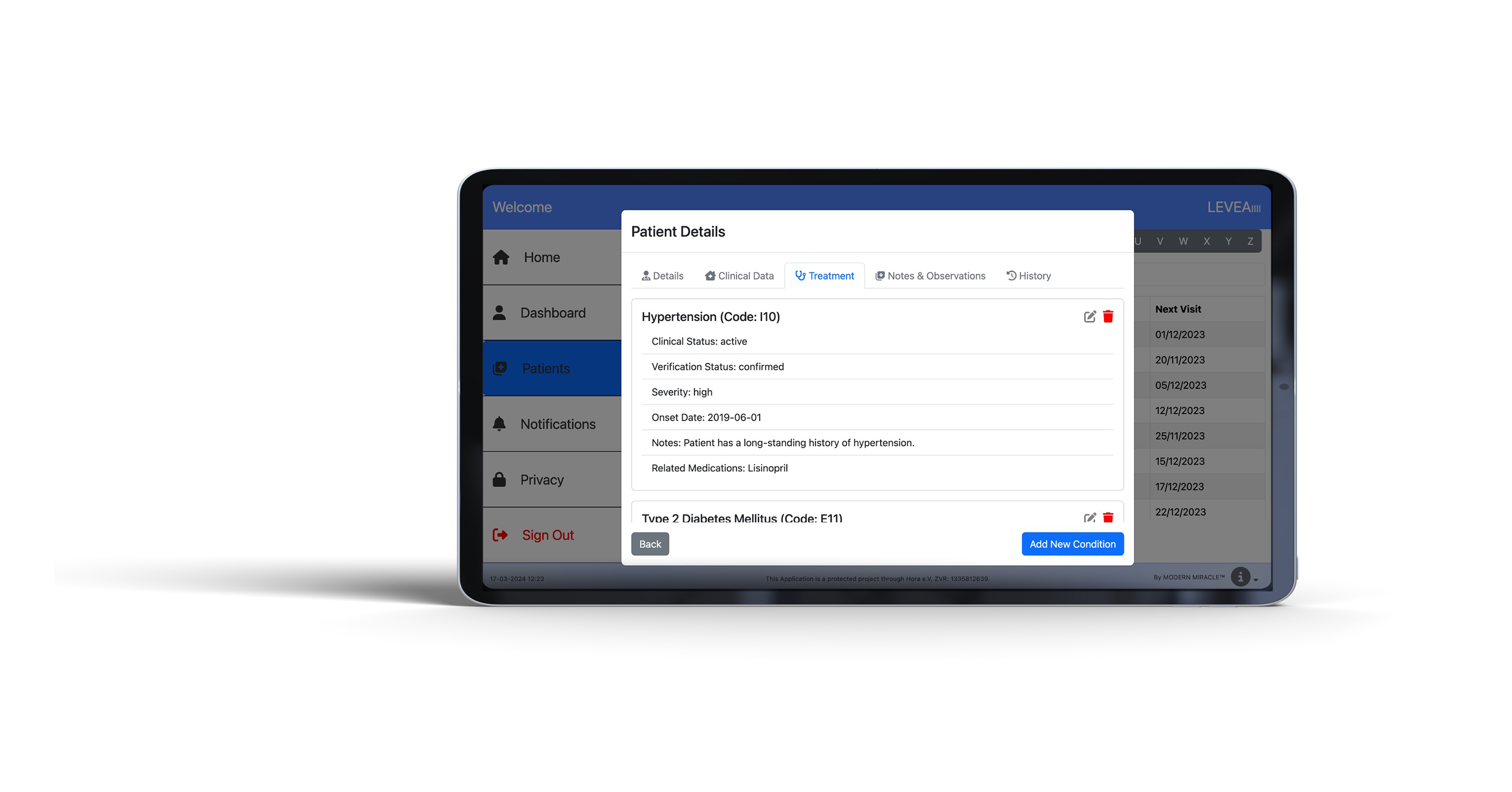 mockup of a tablet showing the treatment tab